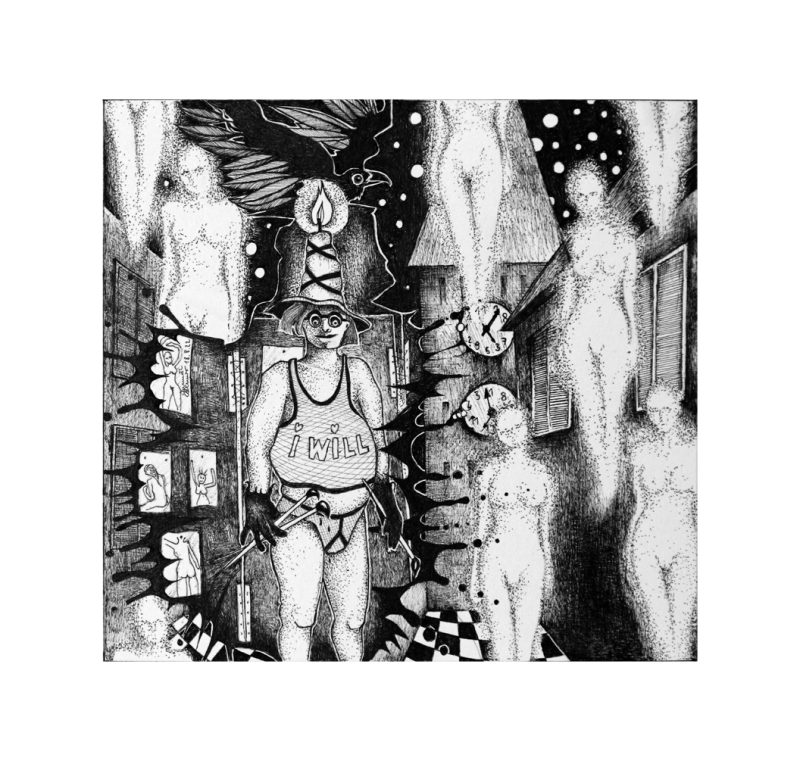 Michael Schmidt: Willi träumt von Aktmodellen, die vom Himmel fallen - Tinte auf Papier - 24 x 25 cm (Zeichnung 17,5 x 18,5 cm)